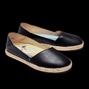 Olukai Kaula Black Leather Espadrille Shoes Slip On 9